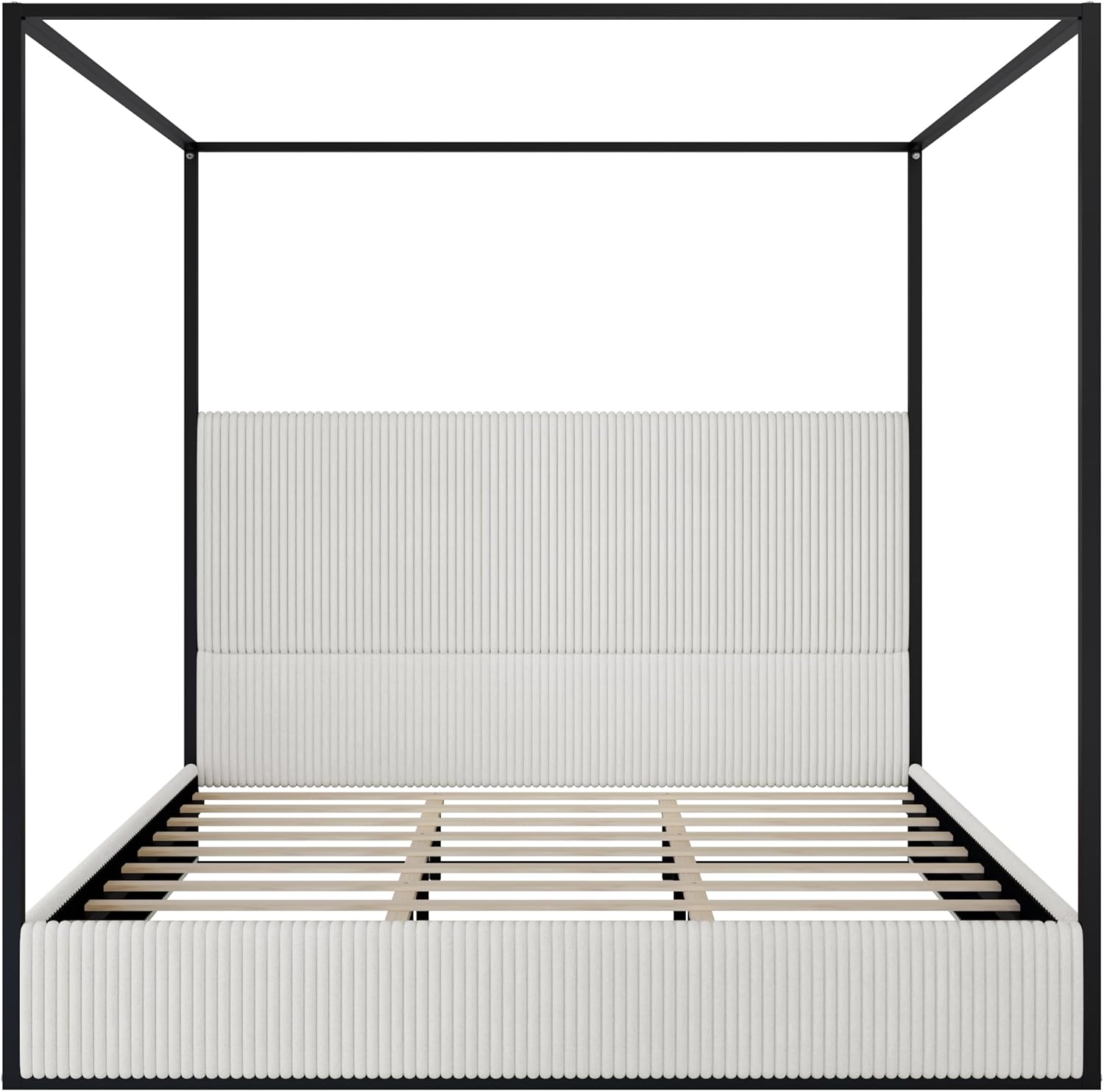 Modern Luxury 4-Poster Canopy Platform Bed King Size with Velvet Upholstered Tall Headboard, Metal Canopied Design Platform Bed Frame with Strong Slats Support (White+Black+King)