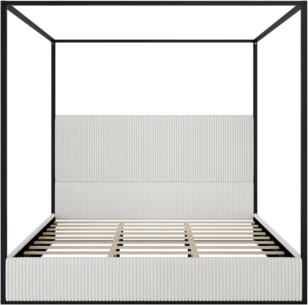 LUMISOL King Size Canopy Bed Frame, Metal 4 Poster Bed with Tall Upholstered Headboard, Corduroy Upholstered Canopy Platform Bed, No Box Spring Needed, Black + White