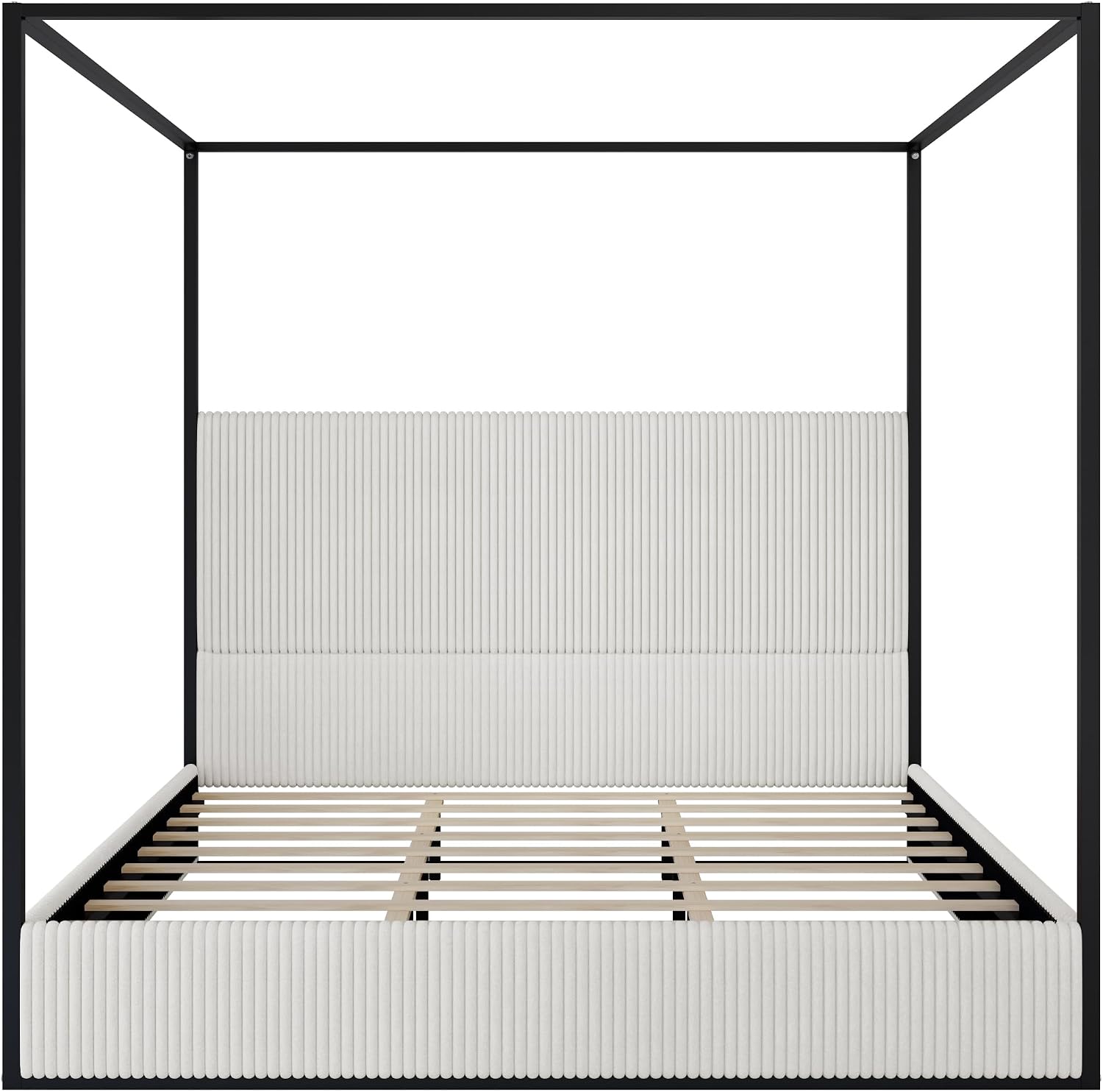 LUMISOL King Size Canopy Bed Frame, Metal 4 Poster Bed with Tall Upholstered Headboard, Corduroy Upholstered Canopy Platform Bed, No Box Spring Needed, Black + White