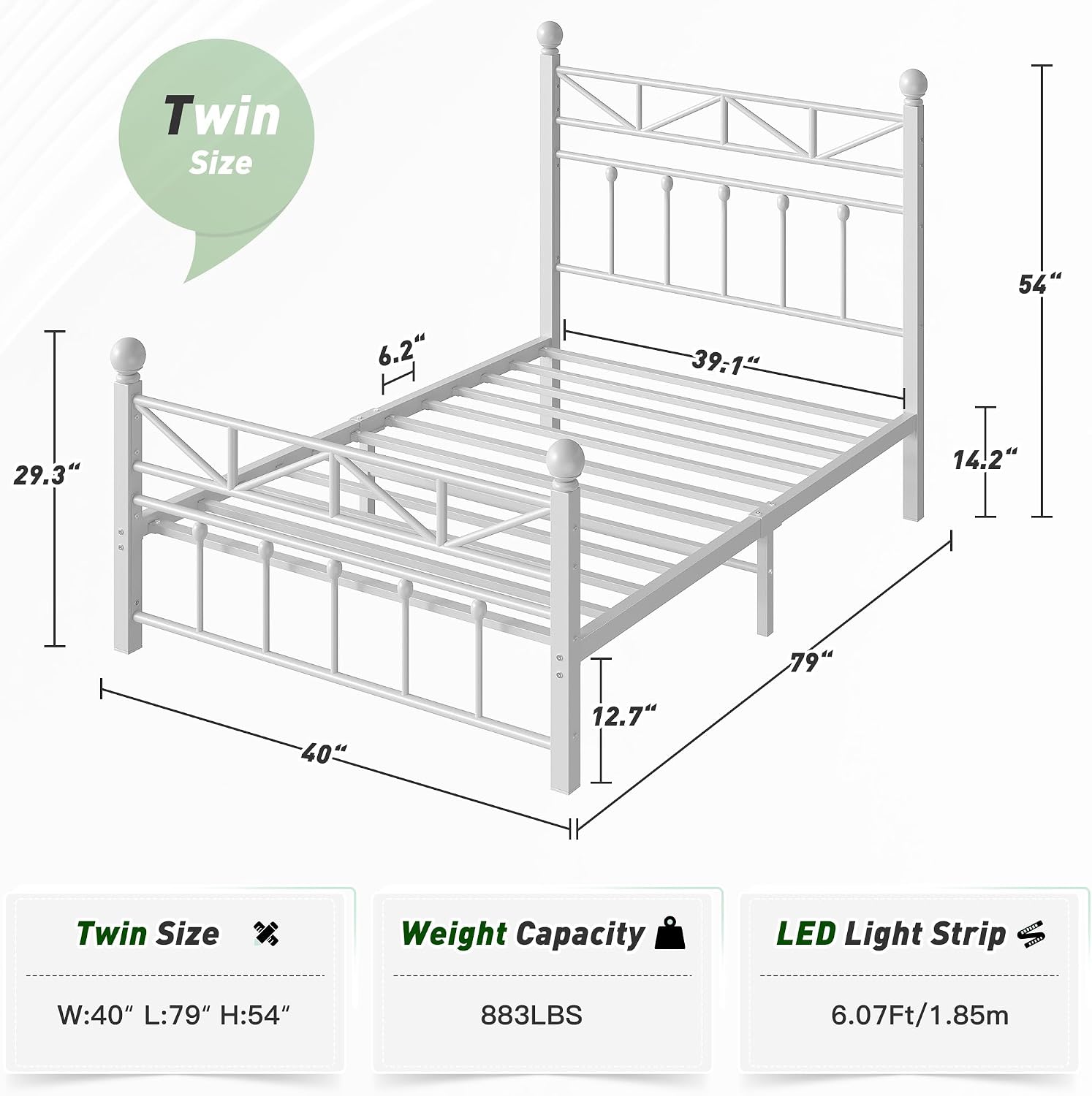 EnHomee 14.2' Metal Twin Bed Frames with Tall Headboard & Footboard, LED Light Twin Bed Frame, Strong Metal Slats Support and Noise-Free Design with Under Bed Storage/No Box Spring Needed/White