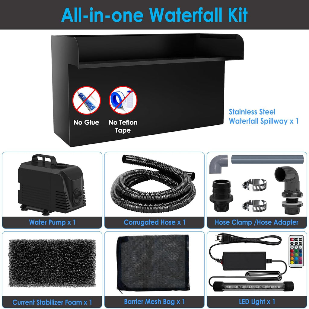 AquaMiracle All-in-1 Pond Waterfall Kit with LED Lights, 18' Stainless Steel Spillway with 800GPH Water Pump, Lighted Waterfall Fountain Outdoor for Water Garden, Backyard, Pool