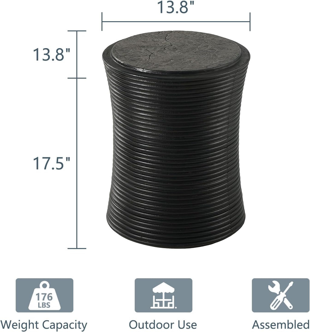 COSIEST Set of 2 Outdoor Side Table Black, Round MgO Concrete Side Table, Lightweight Outdoor Accent Table with Faux Natural Slate Rock, Cylinder Patio Table Top Plant Stand for Garden and Deck