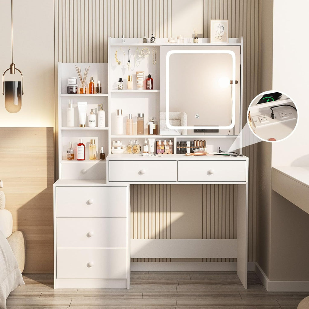 Vabches Vanity Desk with Mirror and Lights, Makeup Vanity with 6 Drawers and Shelves, Dressing Table with Power Outlet, Makeup Desk with Led Lighted Mirror in 3 Colors, for Bedroom, White