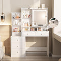 Vabches Vanity Desk with Mirror and Lights, Makeup Vanity with 6 Drawers and Shelves, Dressing Table with Power Outlet, Makeup Desk with Led Lighted Mirror in 3 Colors, for Bedroom, White