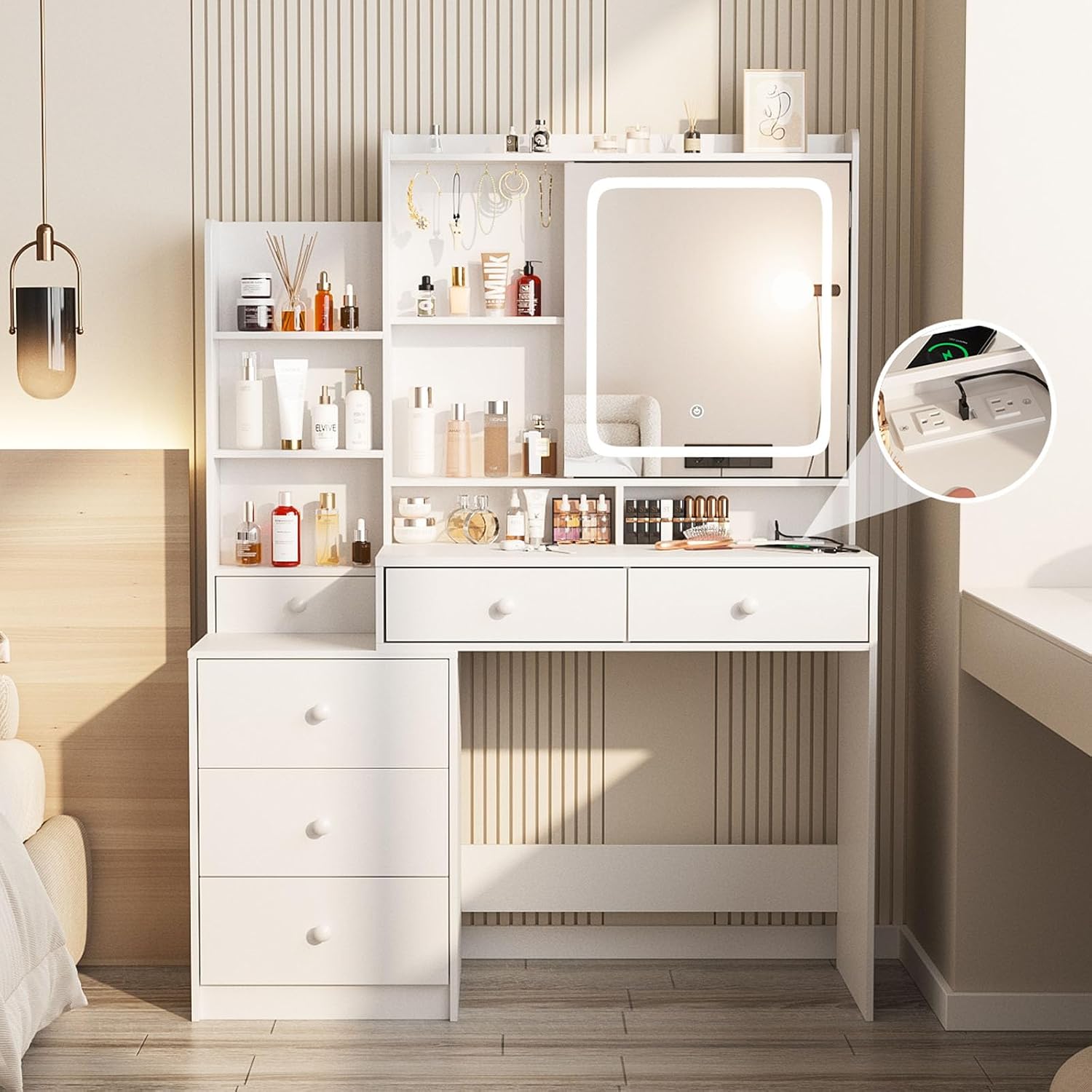 Vabches Vanity Desk with Mirror and Lights, Makeup Vanity with 6 Drawers and Shelves, Dressing Table with Power Outlet, Makeup Desk with Led Lighted Mirror in 3 Colors, for Bedroom, White