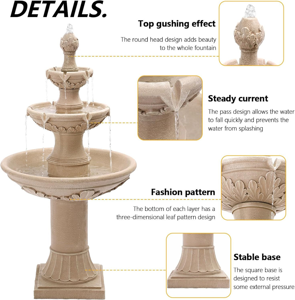 TITIMO 48' High Italian Feature Freestanding Water Fountain Outdoor and Indoor,3-Tier Roman Pillar Waterfalls Fountains for Garden,Patio,Yard,Deck,Backyard,Porch (Natural Tan)