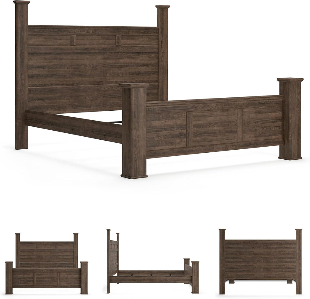 Signature Design by Ashley Juararo Casual California King Poster Bed with Metal Slats, Foundation or Box Spring Needed, Dark Brown