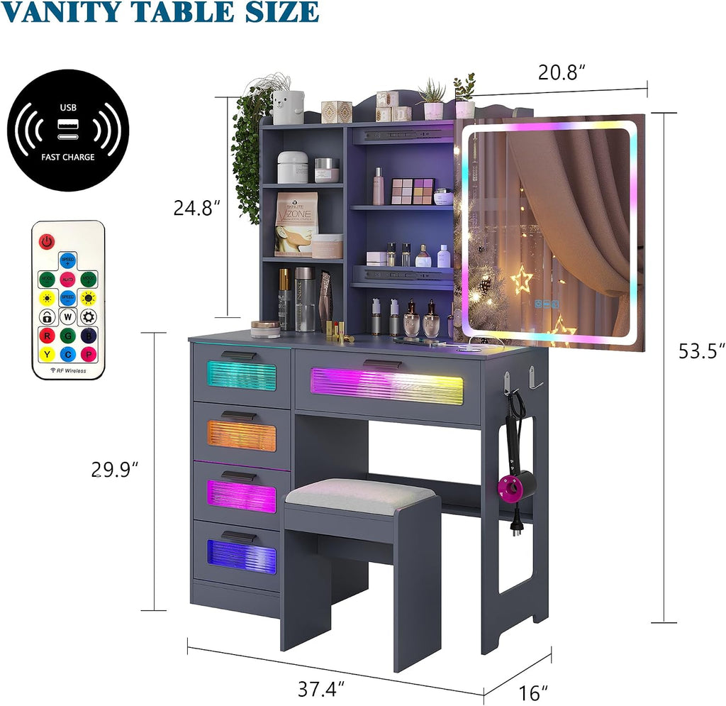 WOOVIVS Vanity with LED Mirror, 6 Drawer Dresser with Charging Station for Bedroom, Small Makeup Vanitys Table with RGB Light, Vanity Set with Chair,Jewelry Organizer for Girls-Grey