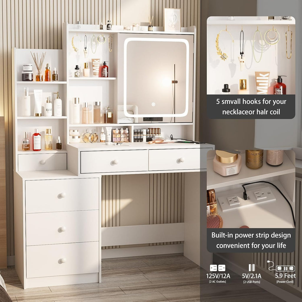 Vabches Vanity Desk with Mirror and Lights, Makeup Vanity with 6 Drawers and Shelves, Dressing Table with Power Outlet, Makeup Desk with Led Lighted Mirror in 3 Colors, for Bedroom, White
