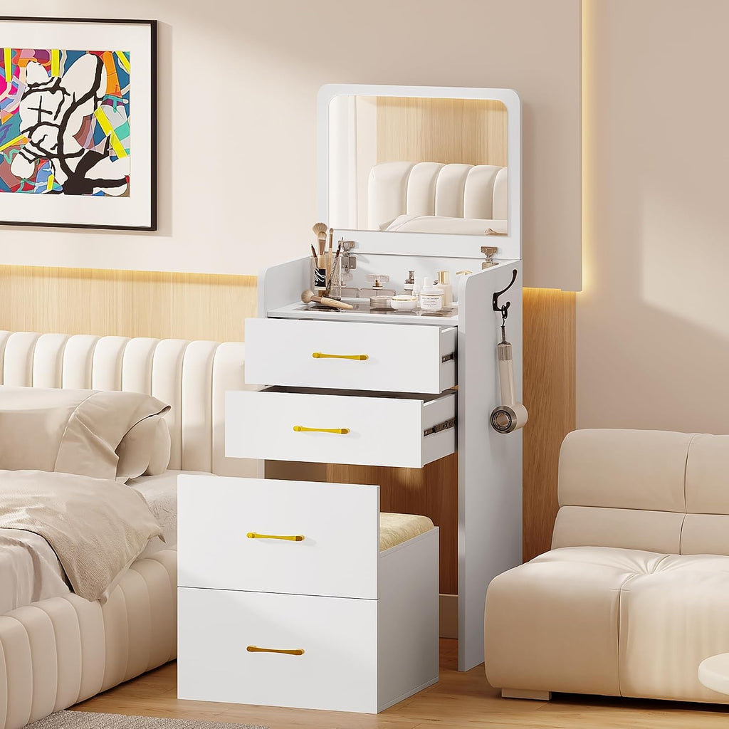 3 in 1 Make Vanity Desk with Flip Top Mirror,Glass Top Makeup Vanity Table with Cushioned Stool,Small Dressing Table with 3 Drawers,Compact Vanity Set for Apartment,Dormitory(White)