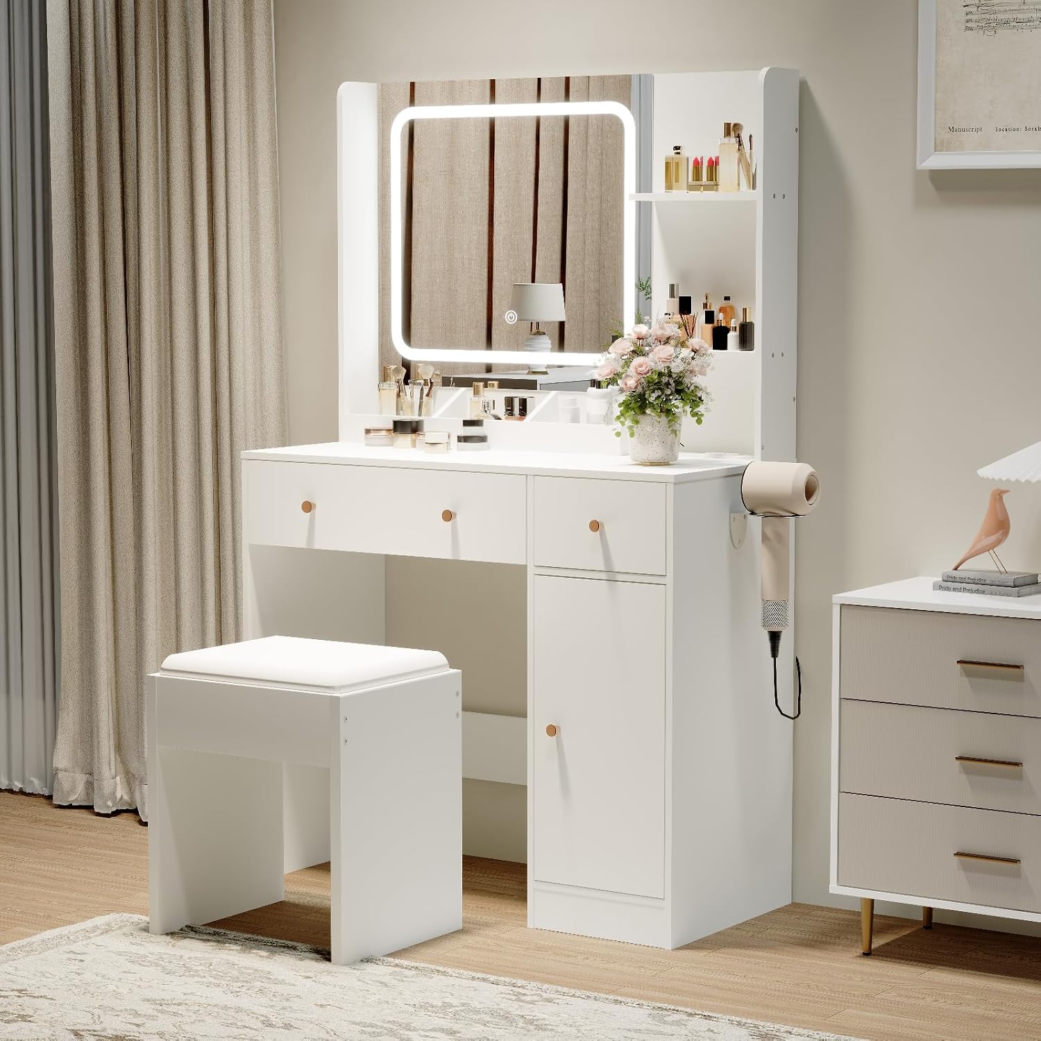 HaHarmoHaby Vanity Desk with Lighted Mirror, Makeup Vanity Table with 4 Drawers, Shelves,3 Color Modes & Adjustable Brightness, Dressing Table Set with Stool for Bedroom