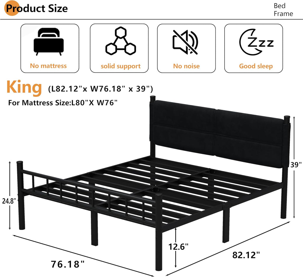 Metal Bed Frame,14Inch King Bed Frame with Headboard,Heavy Duty Sturdy Mattress Foundation,Easy Assembly,No Box Spring Needed,Black King Size