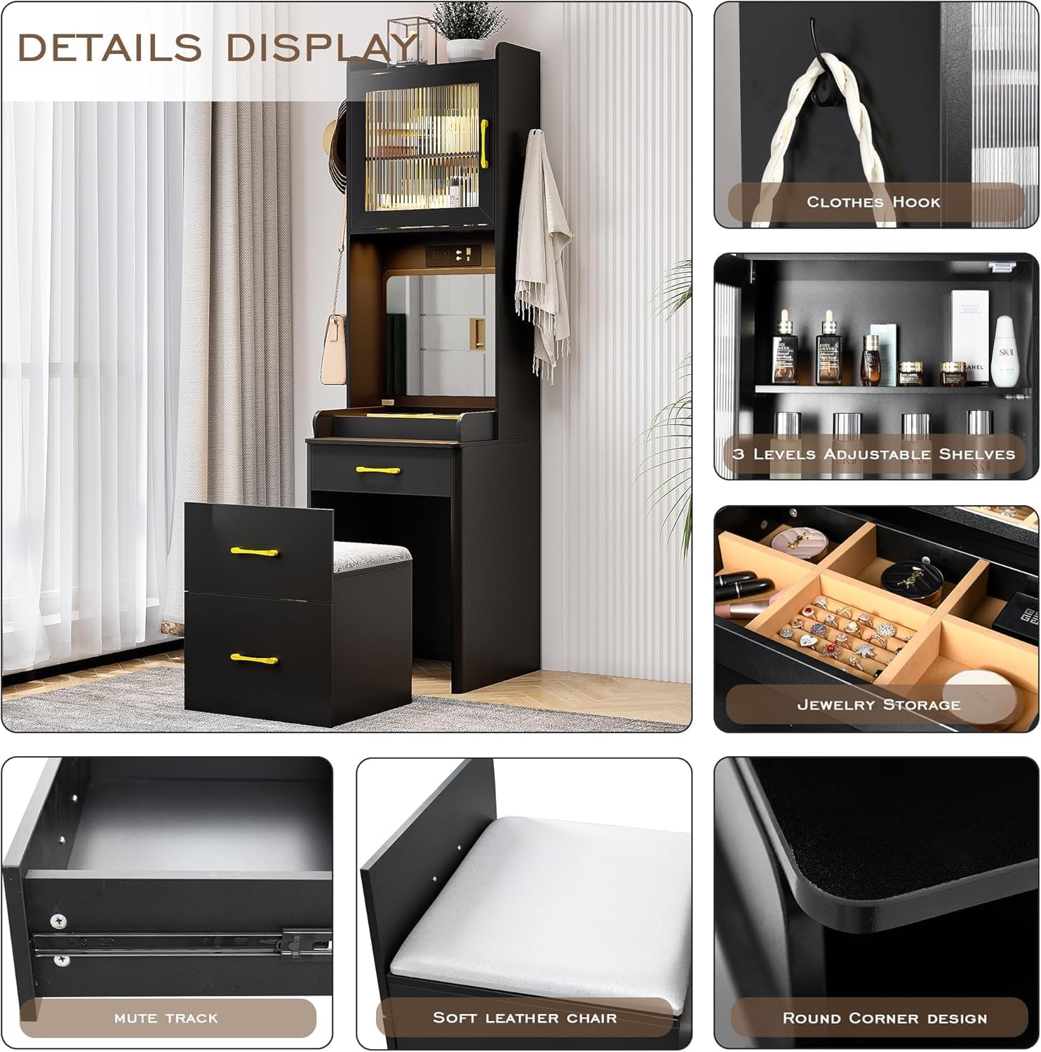 3 in 1 Vanity Desk with Mirror and Lights,Tall Makeup Vanity Set with Hidden Stool & Flip-up Mirror, Compact Make Up Vanity and Desk Combo for Small Spaces (Black)