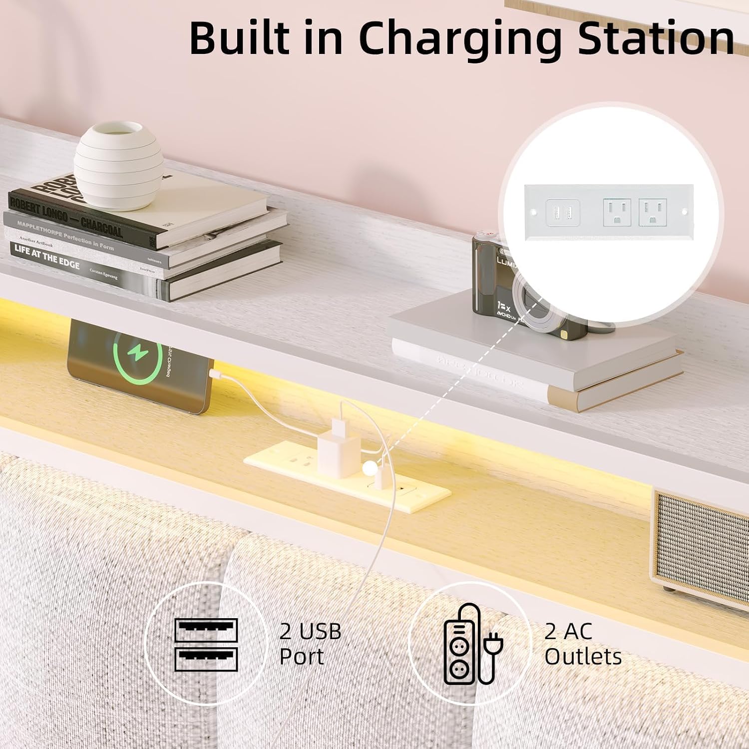 IMMERSTABLE Queen Bed Frames with LED Lights and Charging Station, Metal Platform Queen Size Bed Frame with Upholstered Storage Headboard, Heavy Duty Metal Slat Support, Easy Assembly, White