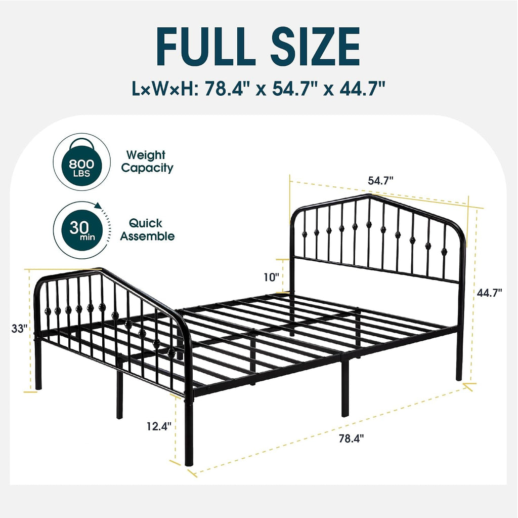 WEEWAY Full Size Metal Platform Bed Frame with Vintage Style Wrought Iron Headboard and Footboard,No Box Spring Needed,Easy Assembly, Black