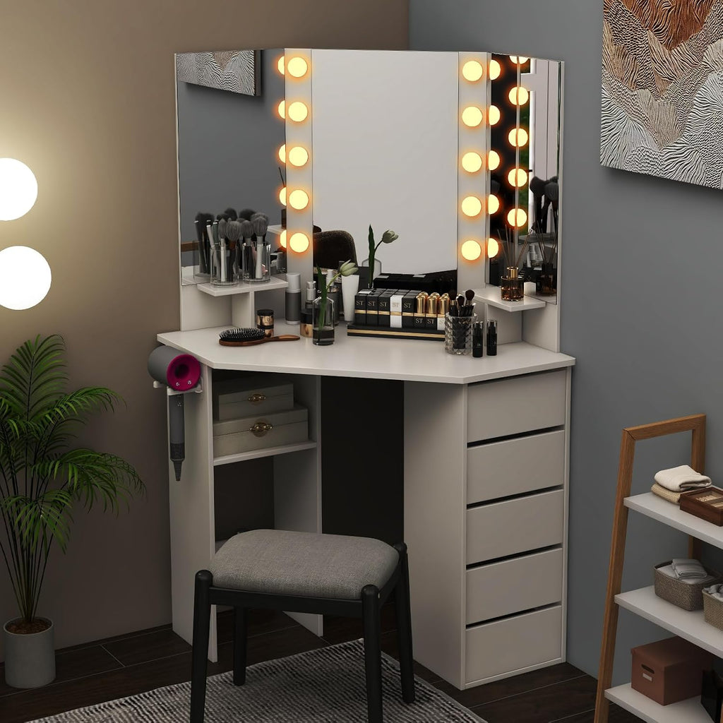 GOFLAME Corner Vanity with Mirror and Lights, Compact Vanity Table with Charging Station, 3 Lighting Modes, 5 Drawers, Dressing Table, Modern Makeup Vanity Desk with Triple Mirror for Bedroom (White)