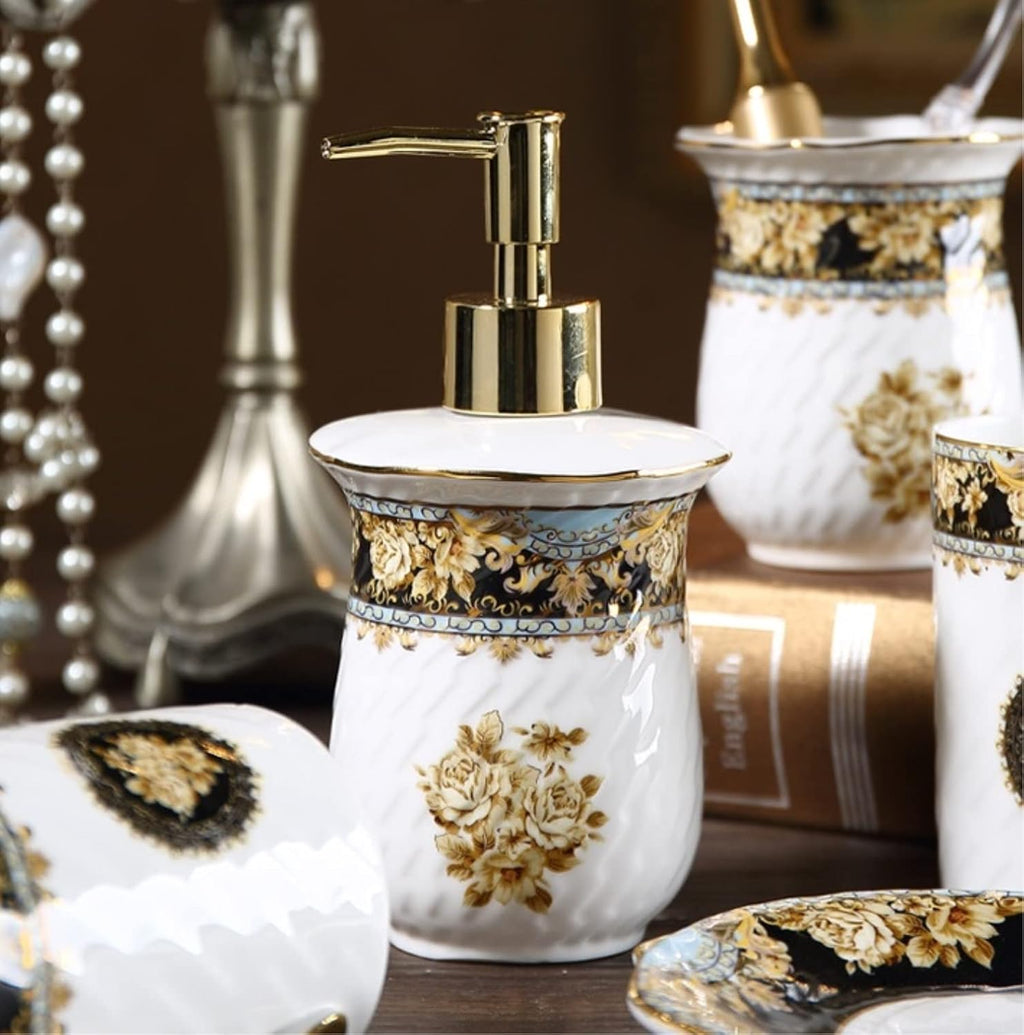 Vanity Bathroom Decor, Light Luxury Bathroom Accessories Set 5 Pieces Ceramics Bath Accessory European Retro Style Bath Set Housewarming Gift(B)