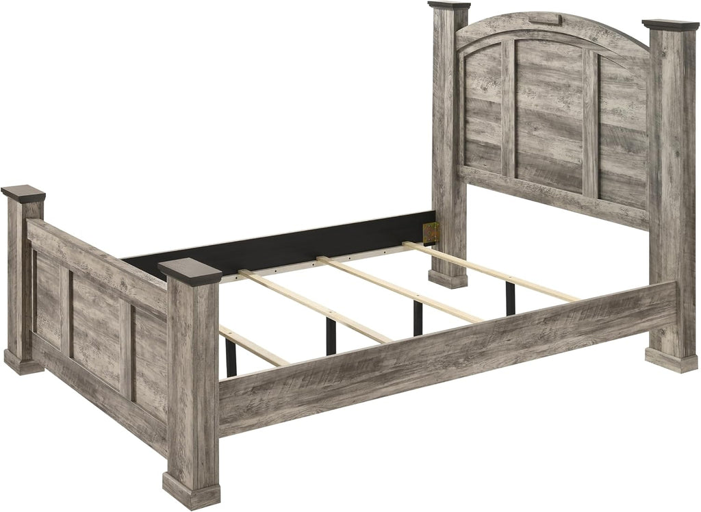 Generic Rustic Gray Poster King Size 6pc Panel Bed Set Storage Wooden Master Bedroom Furniture, Grey