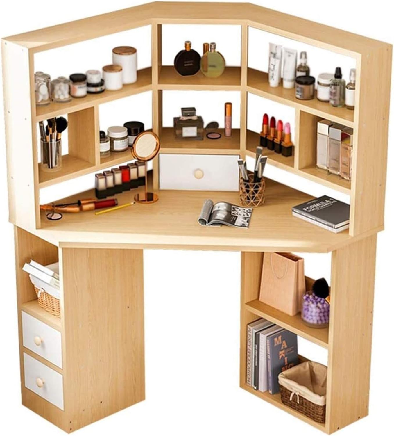 Luxury Dressing Vanity Table w/Stool for Bedroom, Corner Vanity Table, Solid Wood Dressing Table, Large Storage Organizer and Open Compartment, with Shelf Holder(C)