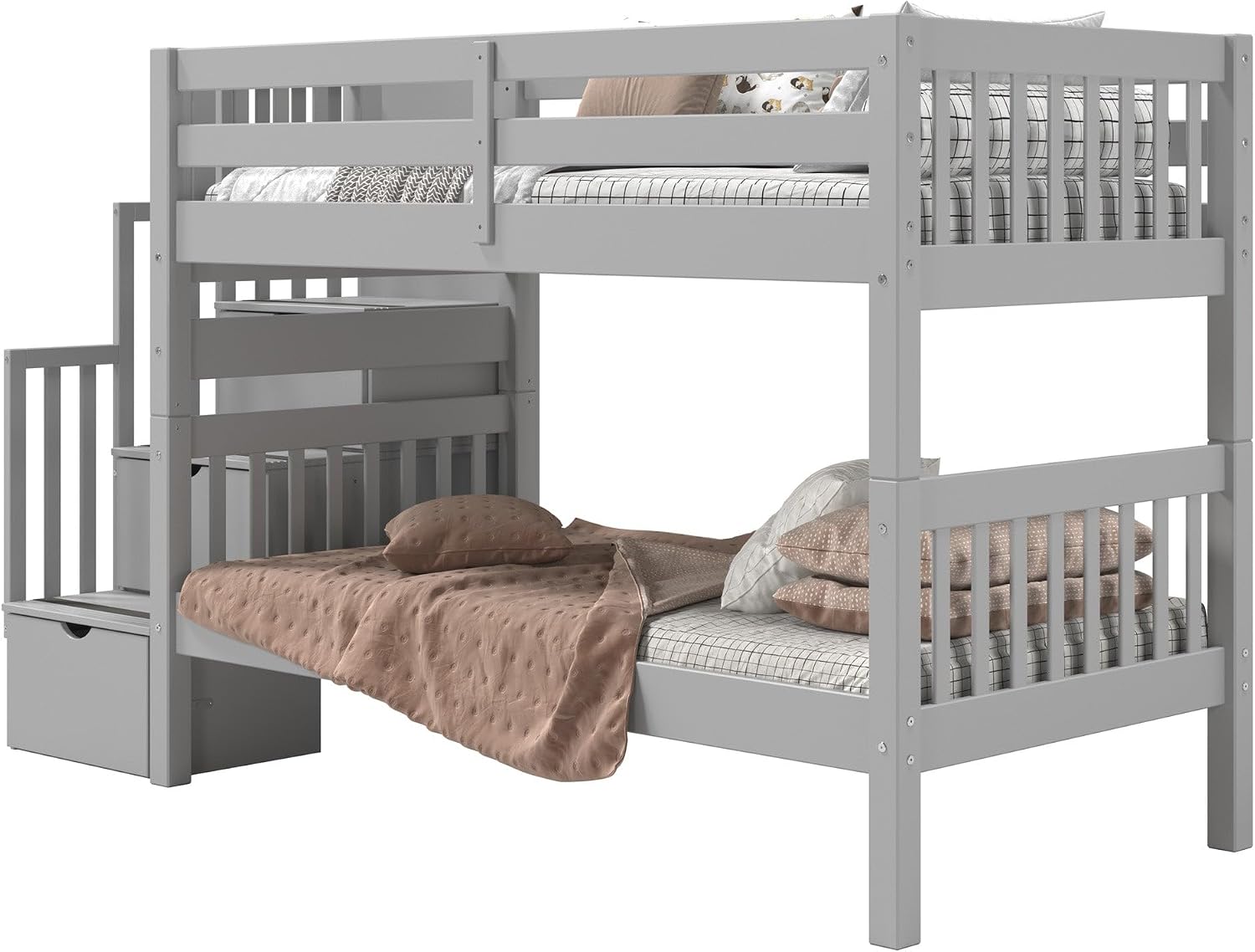 Bedz King Stairway Bunk Beds Twin Over Twin, 3 Step Drawers, Gray