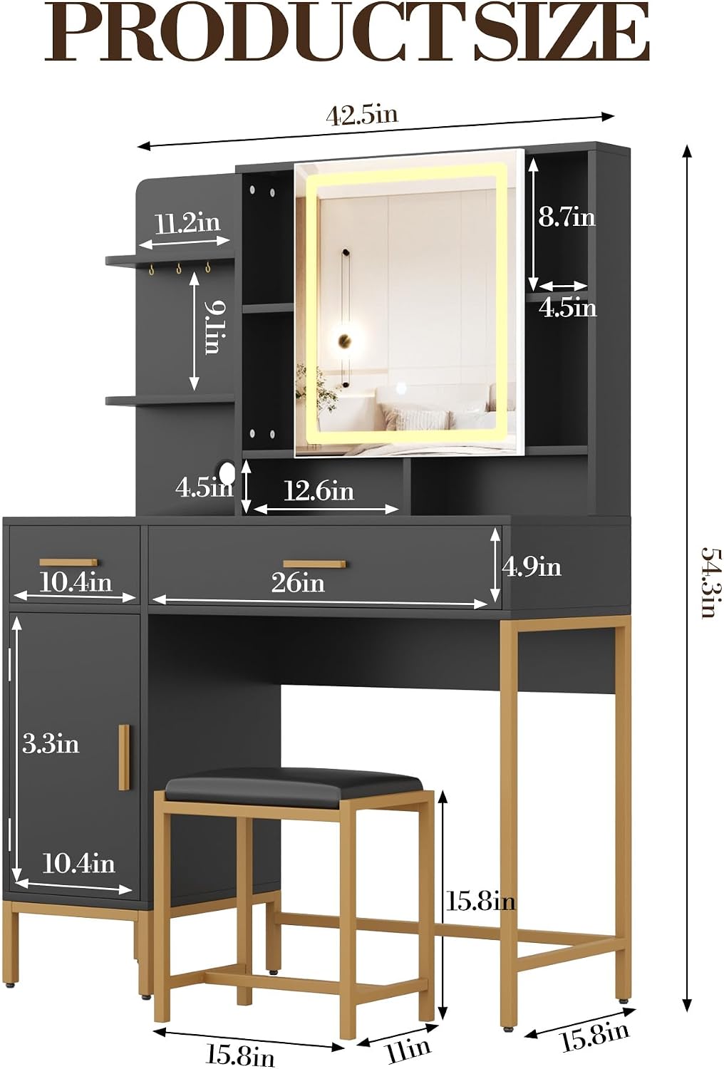 IDEALHOUSE Vanity Desk with Mirror and Lights, 42.5' Makeup Vanity Set with Stool, Makeup Table with Mirror Cabinet and Chair, Drawers & Shelves, Dressing Table with Outlet for Bedroom, Black
