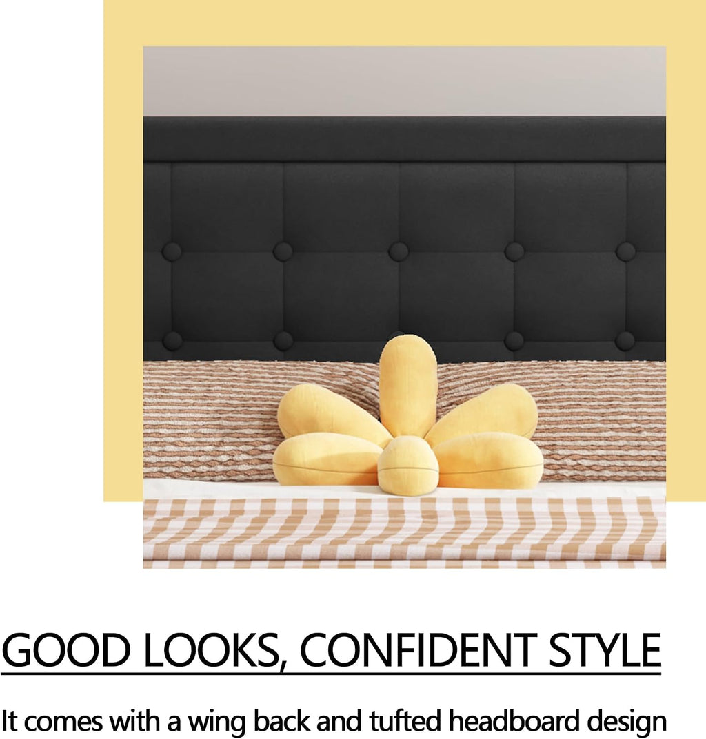 alazyhome Queen Size Black Modern Upholstered Platform Bed Frame with Button Tufting Headboard Solid Wood Slats Support No Box Spring Needed Easy Assembly
