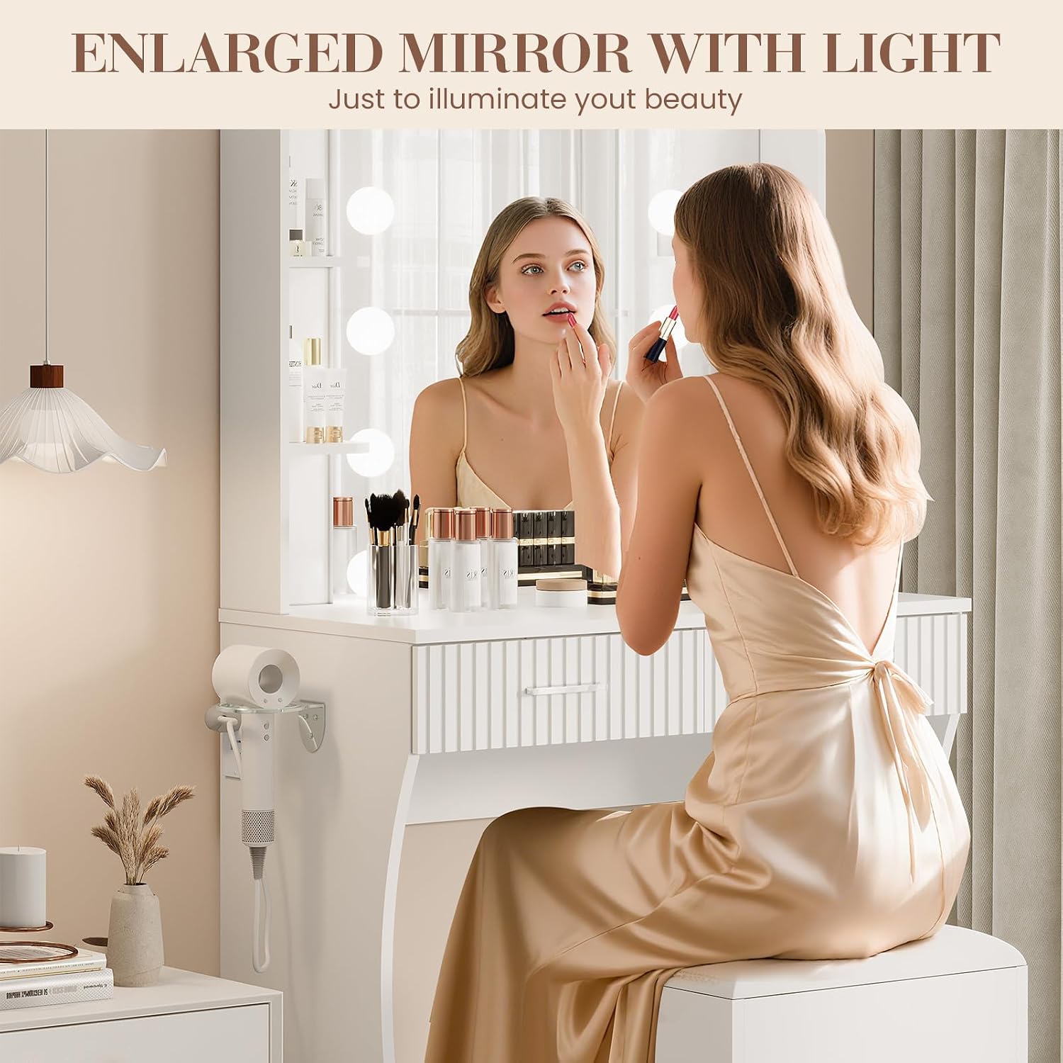 IDEALHOUSE Makeup Vanity Desk with Mirror and 12 LED Lights, White Vanity Table with Power Outlet, 2 Drawers, 6 Shelves, Hair Dryer Holder & Stool, Modern Dressing Table Furniture for Bedroom