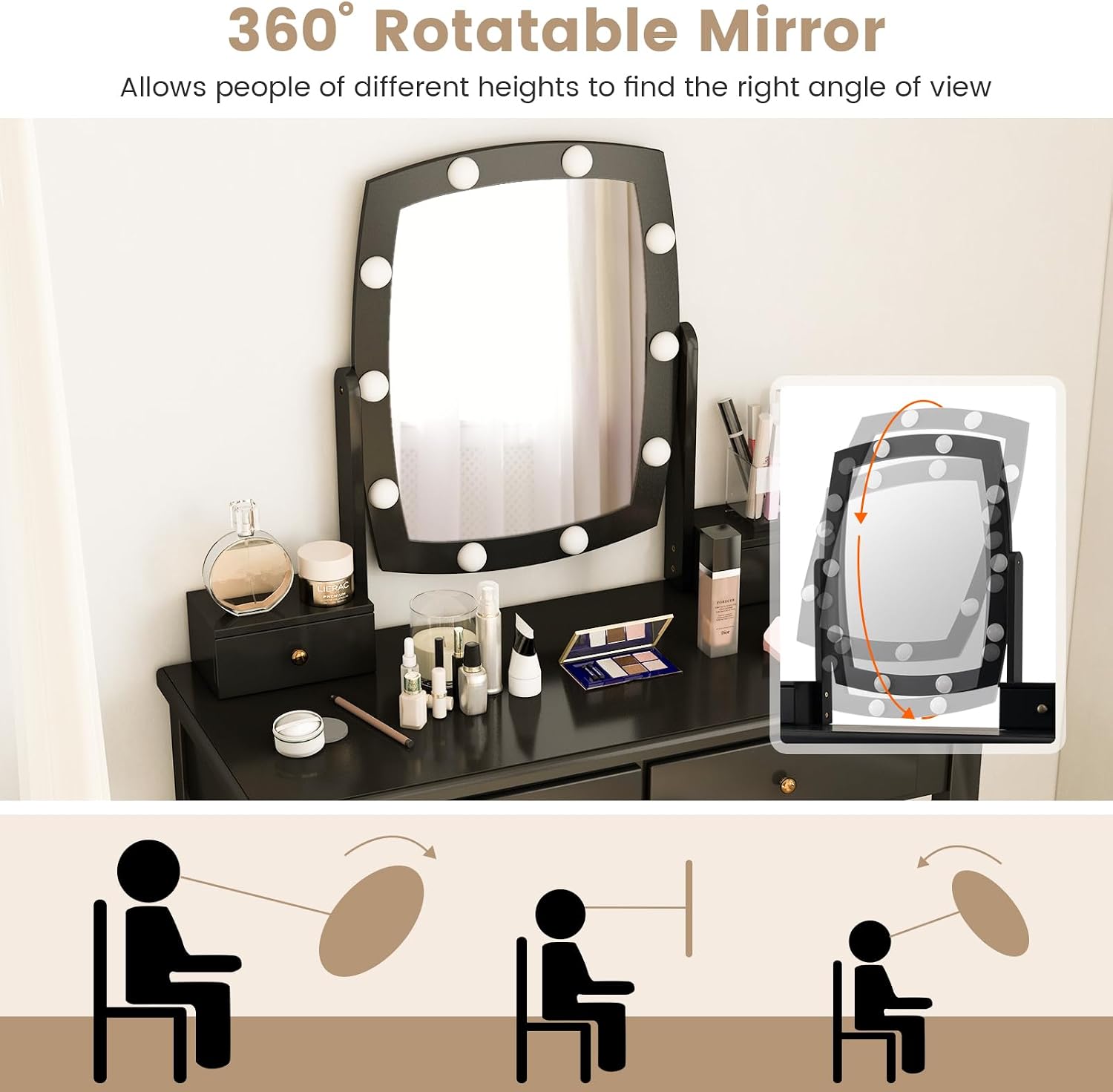 GOFLAME Vanity Table Set with Rotatable Lighted Mirror, 2-in-1 Makeup Table Writing Desk with 3-Color Dimmable LED Lights, 4 Drawers, Dressing Table with Cushioned Stool for Bedroom (Black)