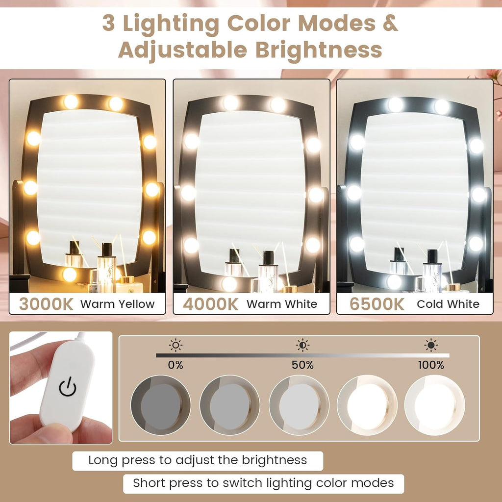 GOFLAME Vanity Table Set with Rotatable Lighted Mirror, 2-in-1 Makeup Table Writing Desk with 3-Color Dimmable LED Lights, 4 Drawers, Dressing Table with Cushioned Stool for Bedroom (Black)