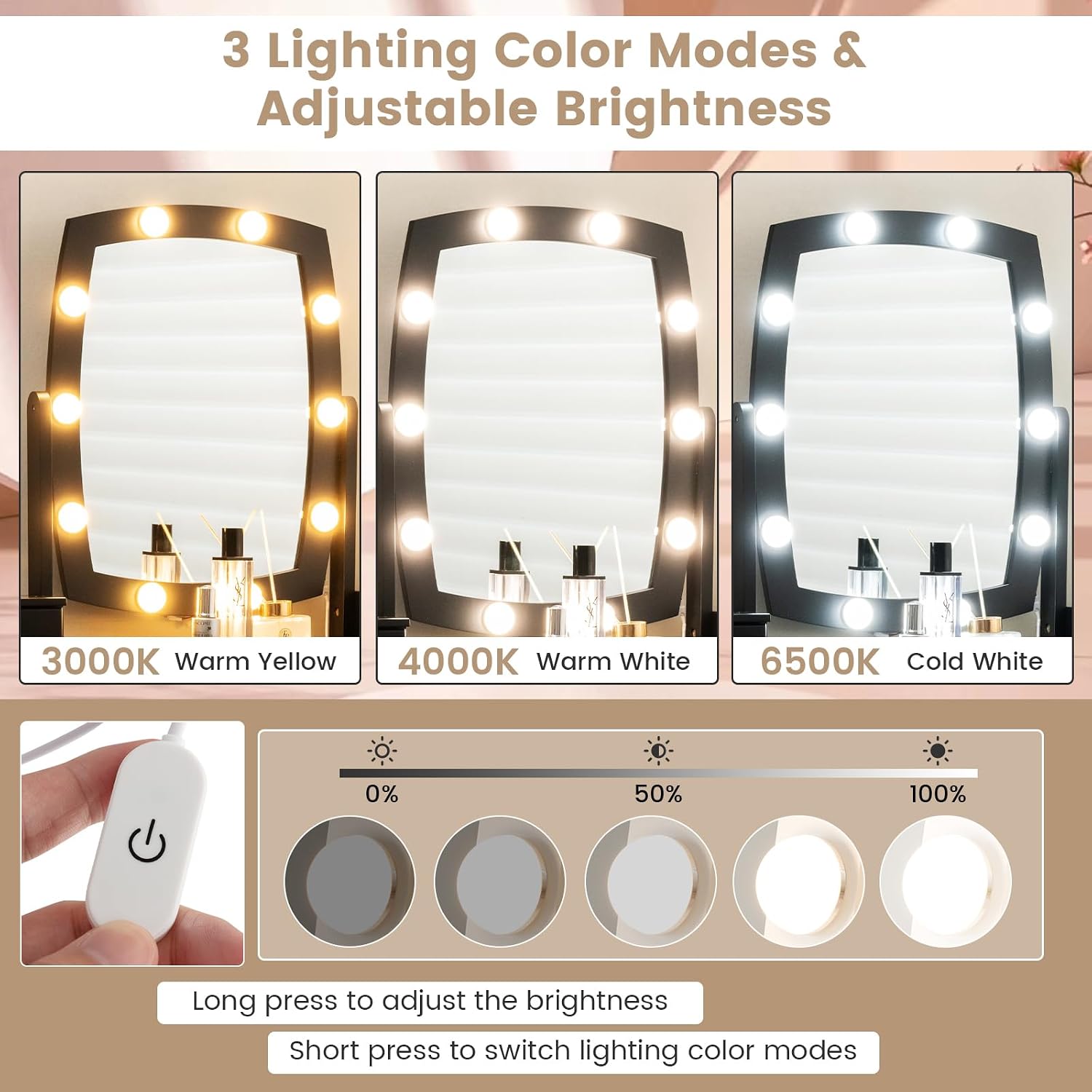 GOFLAME Vanity Table Set with Rotatable Lighted Mirror, 2-in-1 Makeup Table Writing Desk with 3-Color Dimmable LED Lights, 4 Drawers, Dressing Table with Cushioned Stool for Bedroom (Black)
