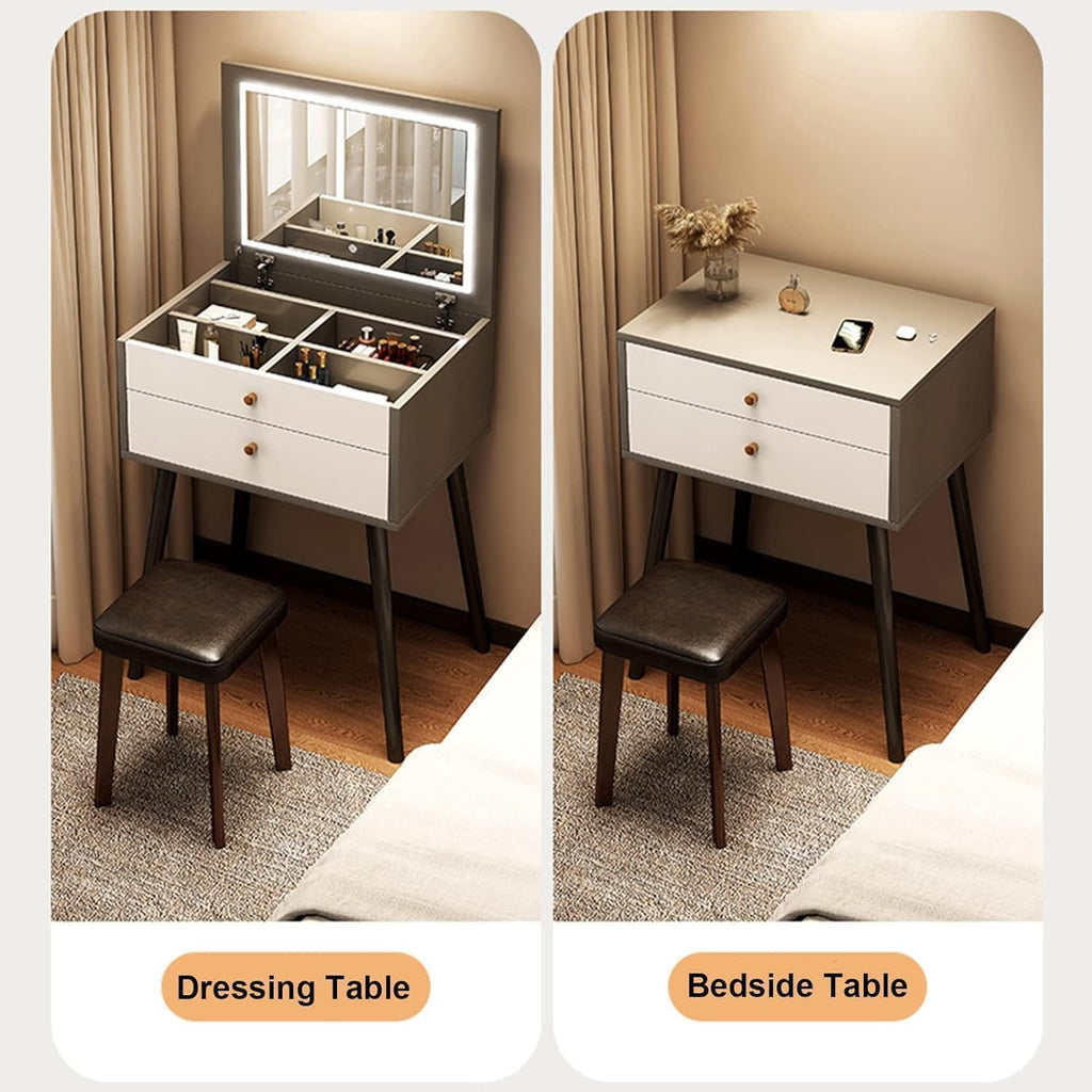 Vanity Desk Vanity Table Set with Flip Top Lighted Mirror Makeup Table Cushioned Stool Home Nightstand Vanity Benches,White,Grey