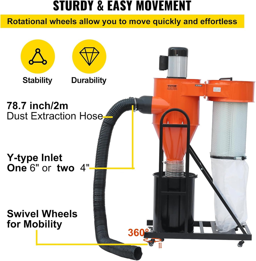 VEVOR 2 HP Dust Collector, 1167 CFM, Portable Vortex Dust Collector, with 39 Gallon Collection Bag and Mobile Base, 120V, 3400 RPM, 3μm Canister Filter Kit, for Woodworking Dust Collection System
