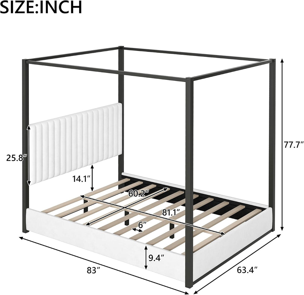 Queen Size 4-Poster Metal Canopy Platform Bed with Upholstered High Backrest Headboard - DIY Canopy Design, Heavy-Duty Metal Frame, Easy Assembly (Black, Queen)
