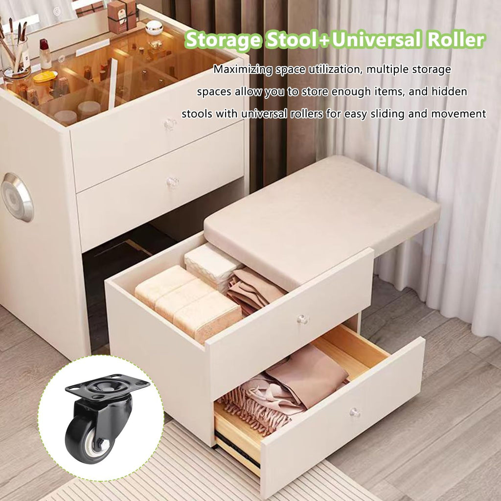 Compact Vanity Desk, 3 in 1 Vanity Desk with Dual Speakers and USB Charging, Corner Makeup Vanity Desk with Lights, Flip Mirror Light, Hidden Soft Stool, No Installation Required (19.7in)