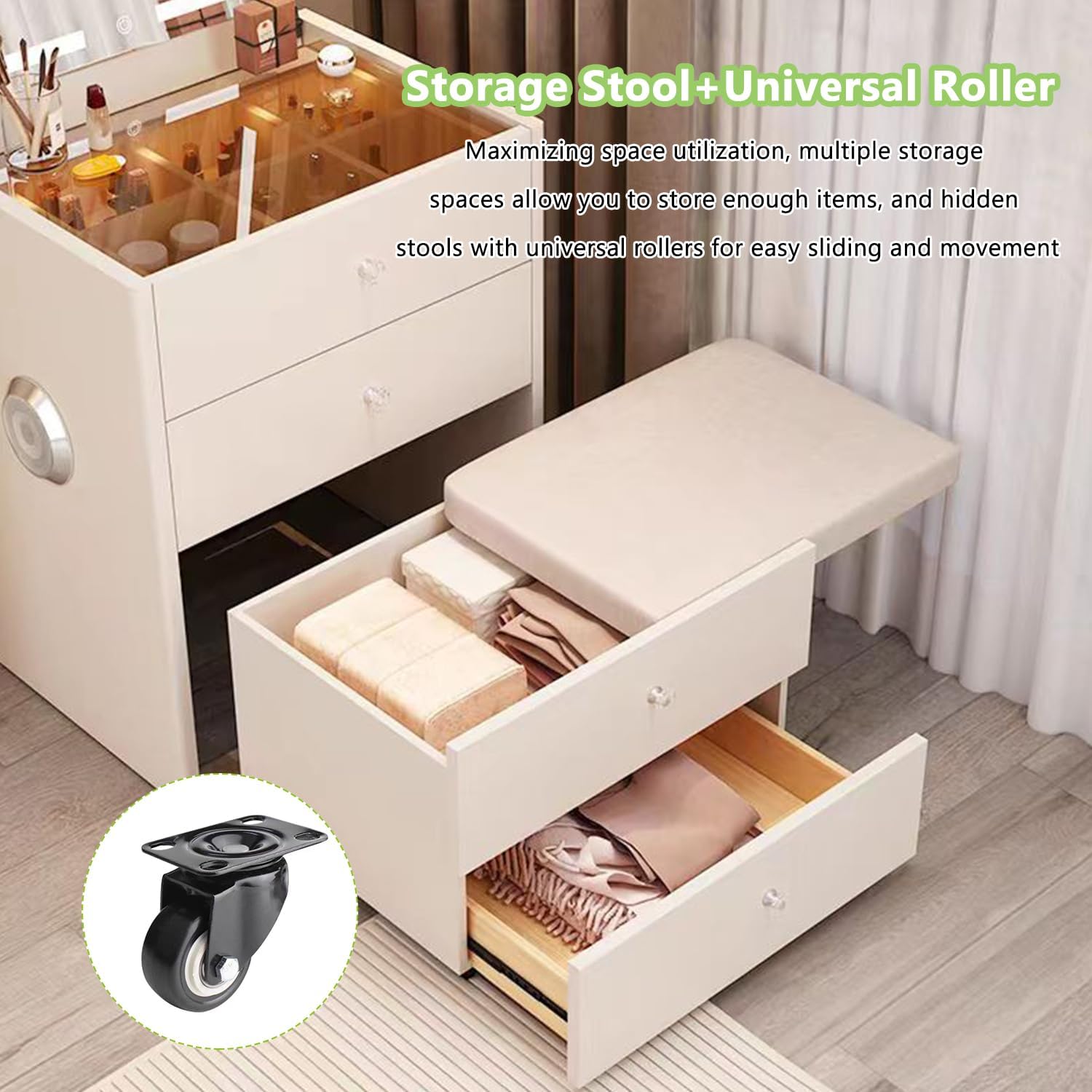 3 in 1 Compact Corner Vanity with Dual Speakers, USB Charging & Flip Mirror Light, No Assembly Required (27.5in)