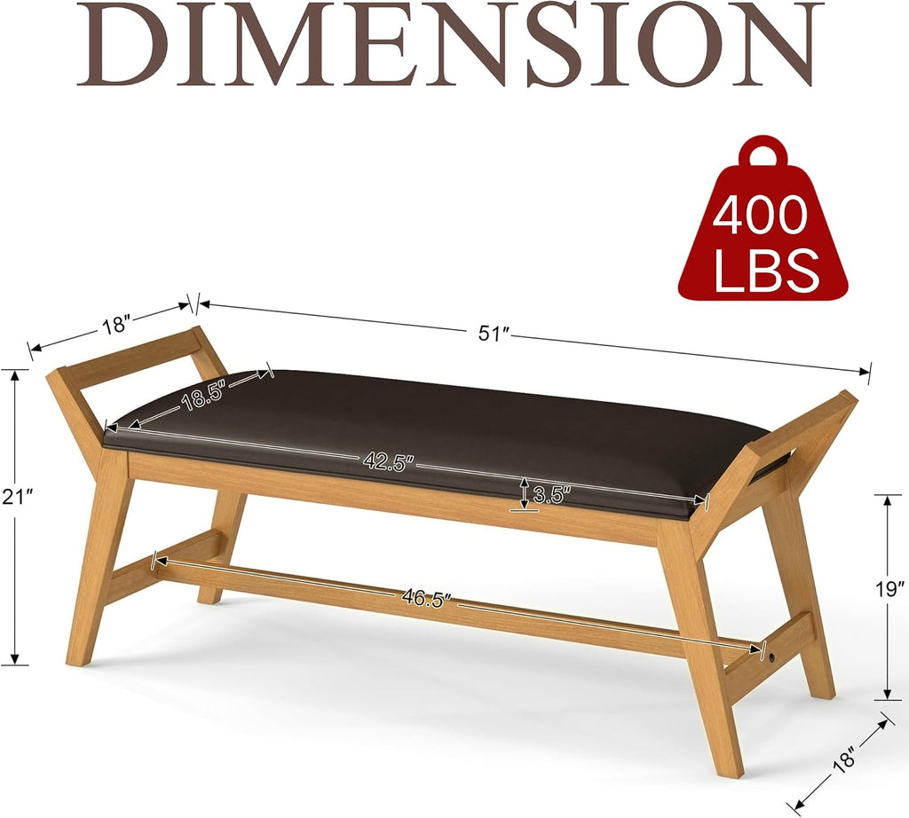 51' End of Bed Bench, Entryway Bench with Solid Wood Frame Fabric Ottoman Bench for Bedroom/Entry/Living Room, PU Leather Black