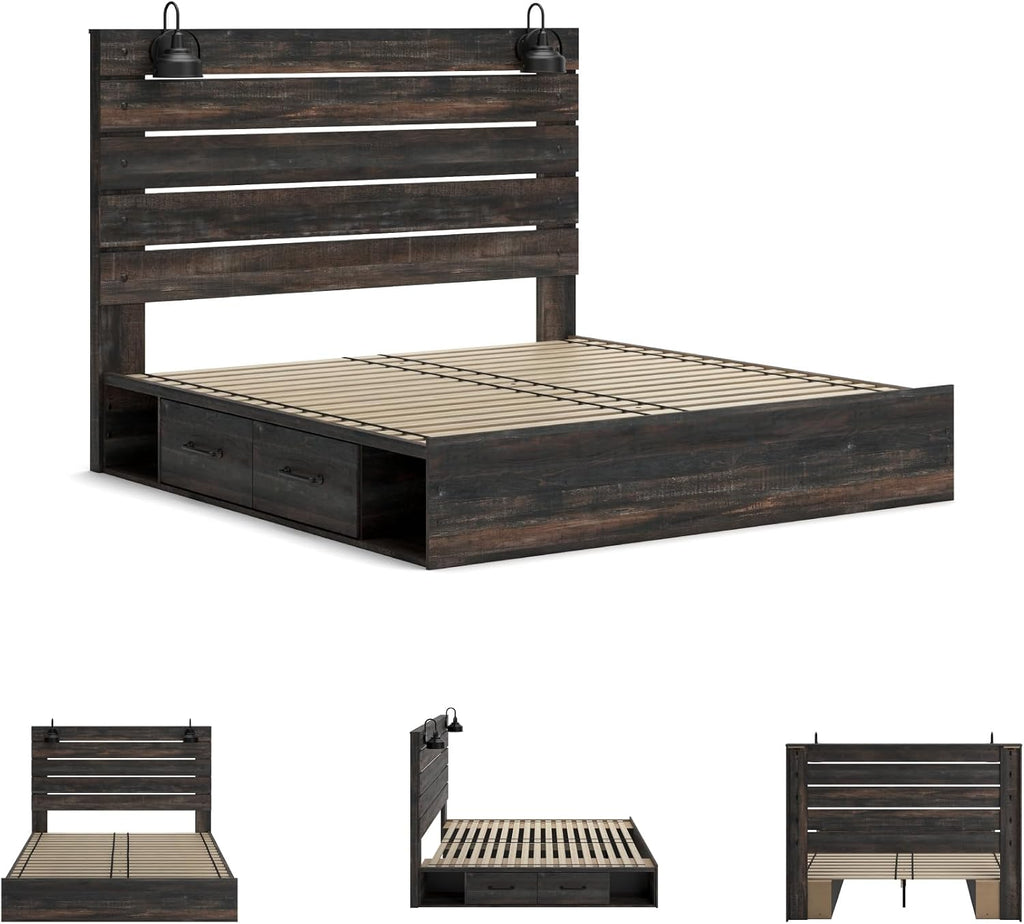Signature Design by Ashley Drystan Rustic King Panel Platform Bed with 4 Storage Drawers, Open Cubbies, Sconce LED Lights and USB Ports, Foundation or Box Spring Not Needed, Dark Brown & Gray