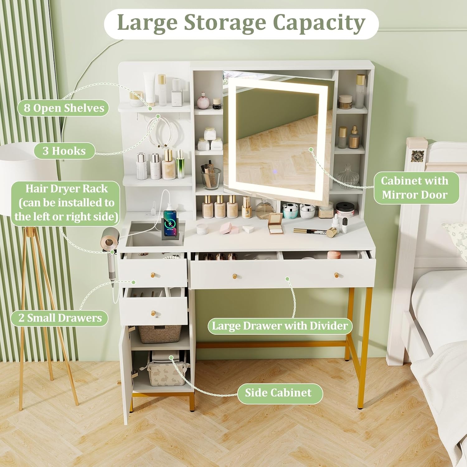 CHARMAID Vanity Desk with Mirror and Lights, White Makeup Vanity Table with Transparent Glass Tabletop, Mirrored Cabinet Door, Charging Station, Drawers, Shelves, Bedroom Dressing Table with Stool