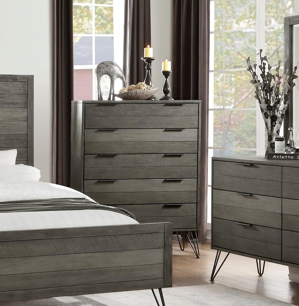 4-Pieces Bed Set Contemporary Style King Size Panel Bed Multi Gray Finish Solid Acacia Wood Bedroom Furniture