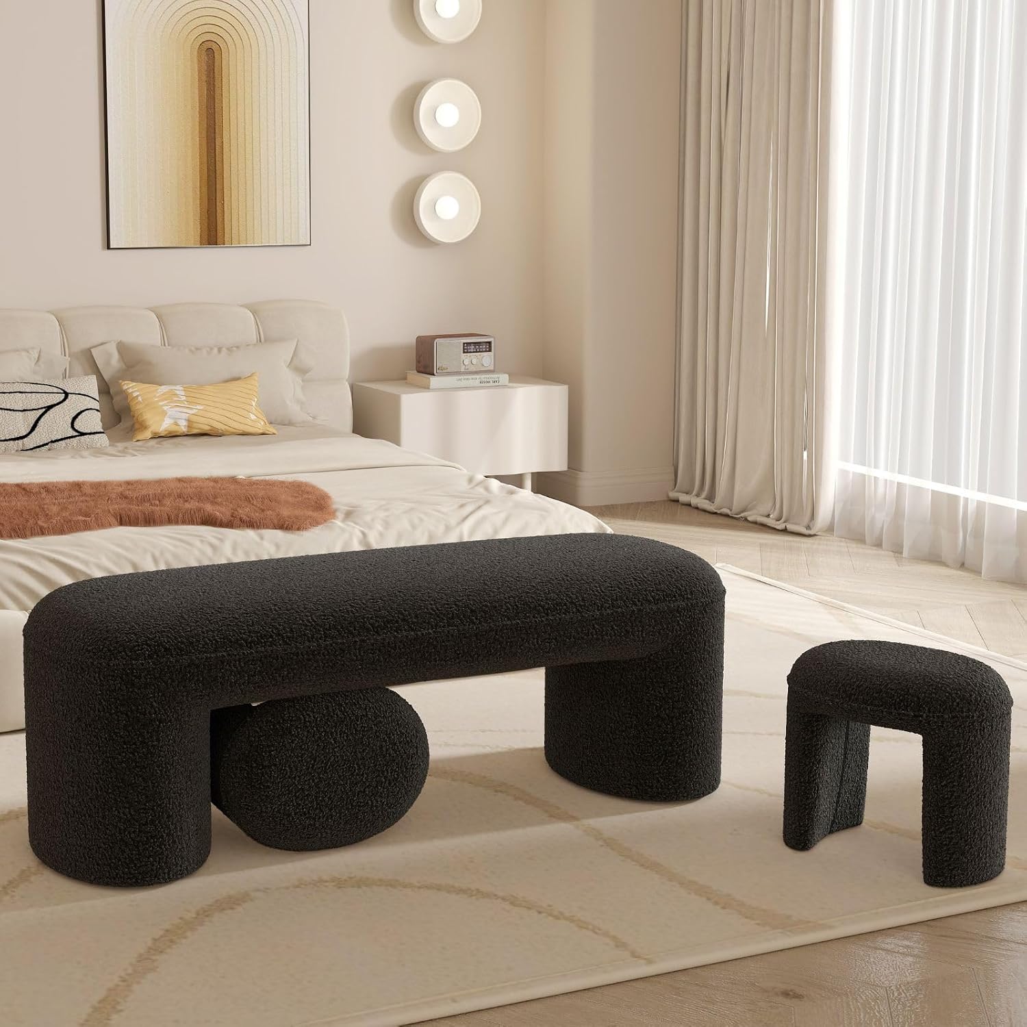 3-Piece Nesting Ottoman Bench Set，53' Long Upholstered End of Bed Bench with 2 15' Foot Stools Sherpa Modern Arched Bench Comfy Entry Bench Vanity Stools for Living Room Bedroom, Black