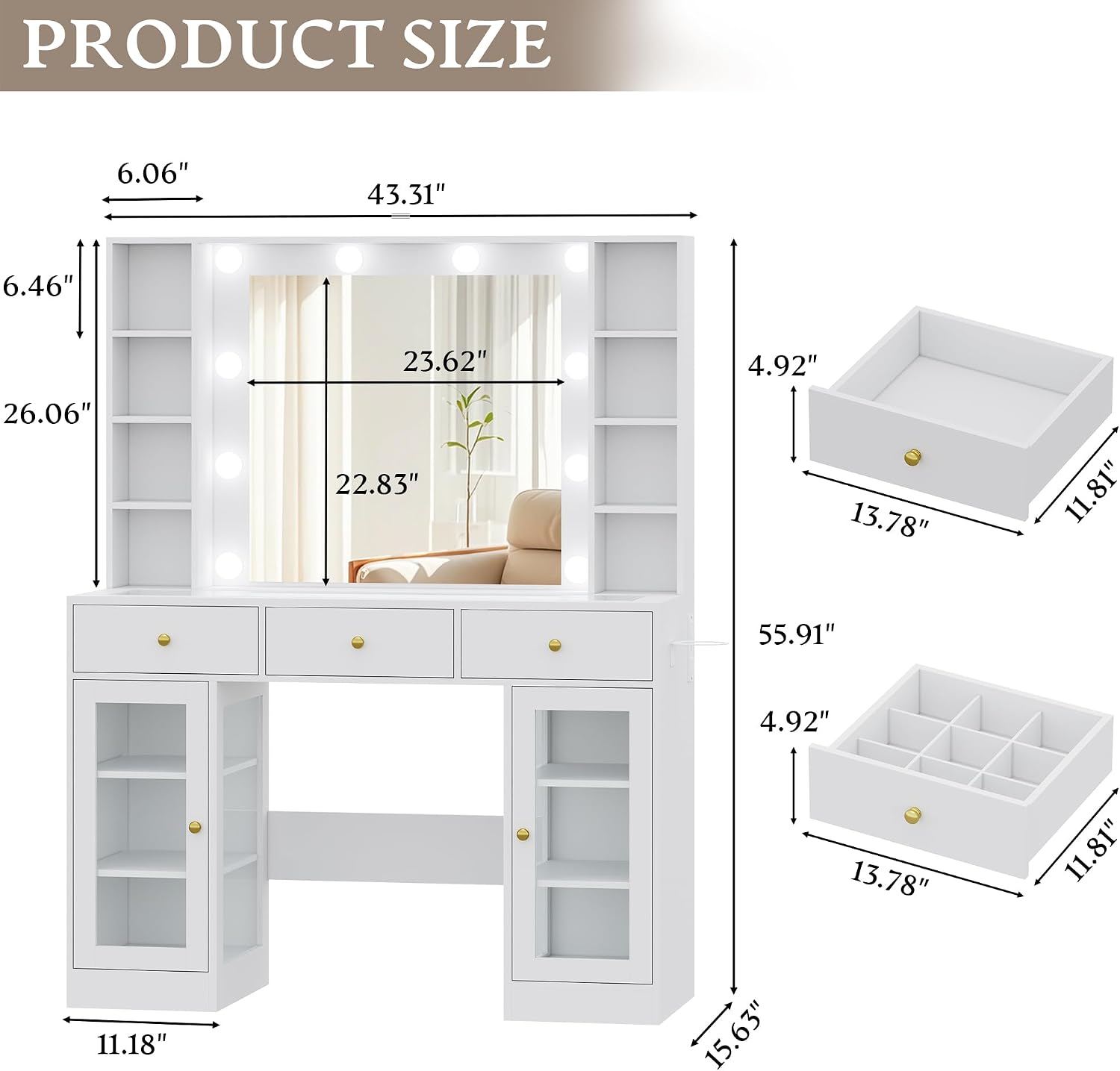 Wodeer Makeup Vanity Desk with Mirror and Lights, White Vanity with Glass Top, LED Lights & Power Outlet, 3 Drawers & 2 RGB Glass Cabinets, Adjustable Lighted Dressing Table for Women & Girls Bedroom