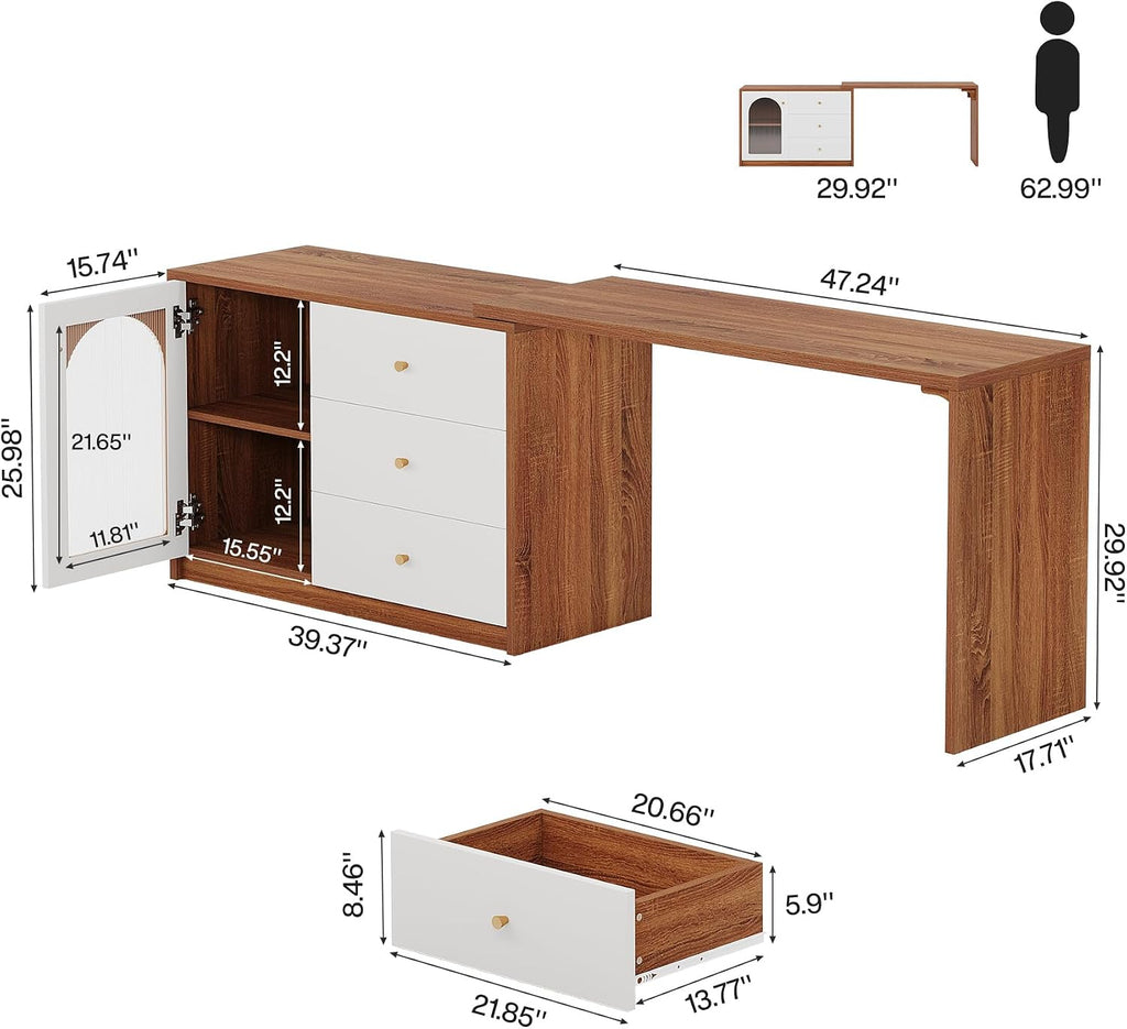 Tribesigns Modern Makeup Vanity, Retractable Large Vanity Desk with 3 Drawers and Cabinet, Makeup Corner Dressing Table for Bedroom, Walnut and White (Without Mirror)