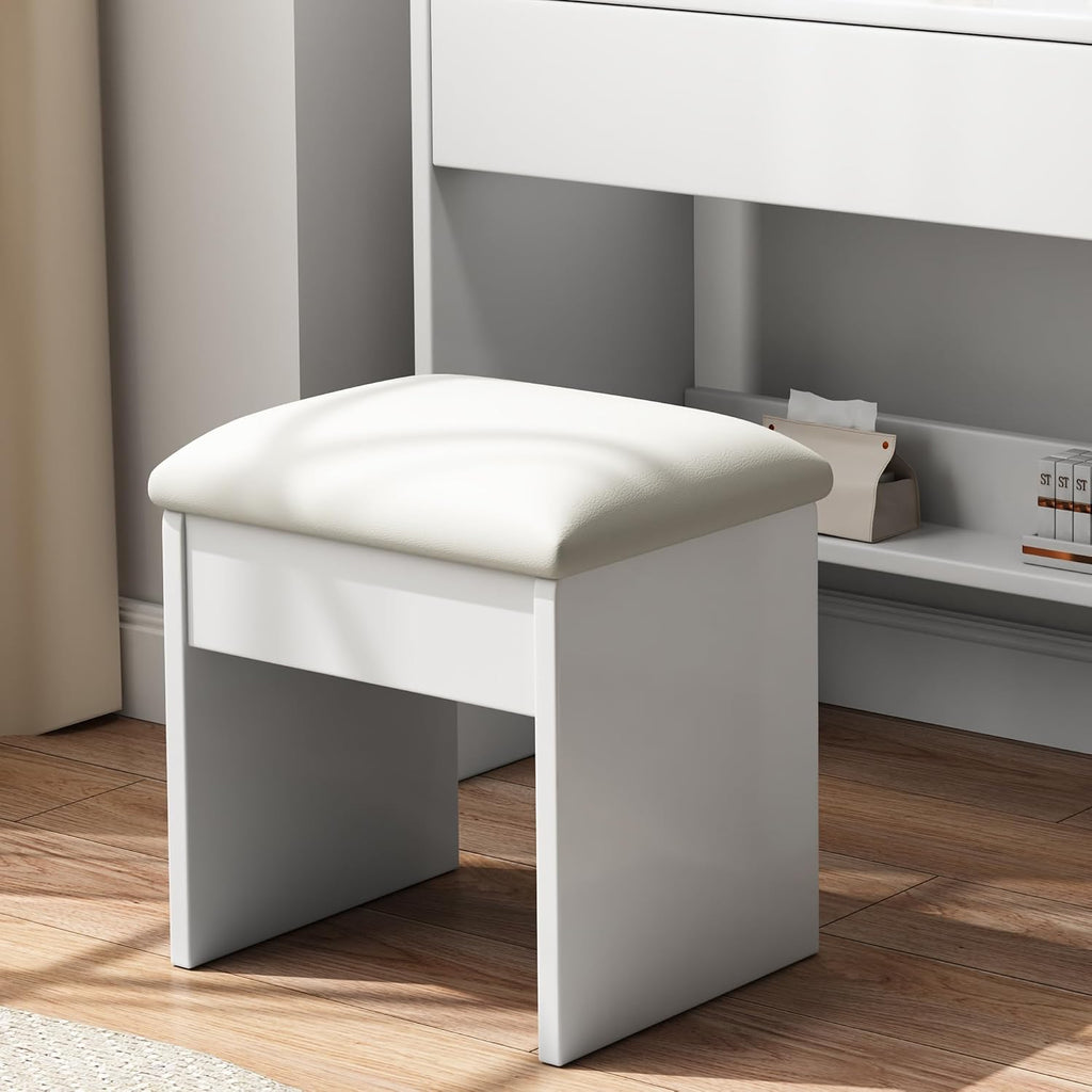 Small Makeup Vanity Desk with Mirror and Lights, Vanity Table Set with Storage Drawer, 3 Lighting Colors, Dressing Table for Bedroom, White