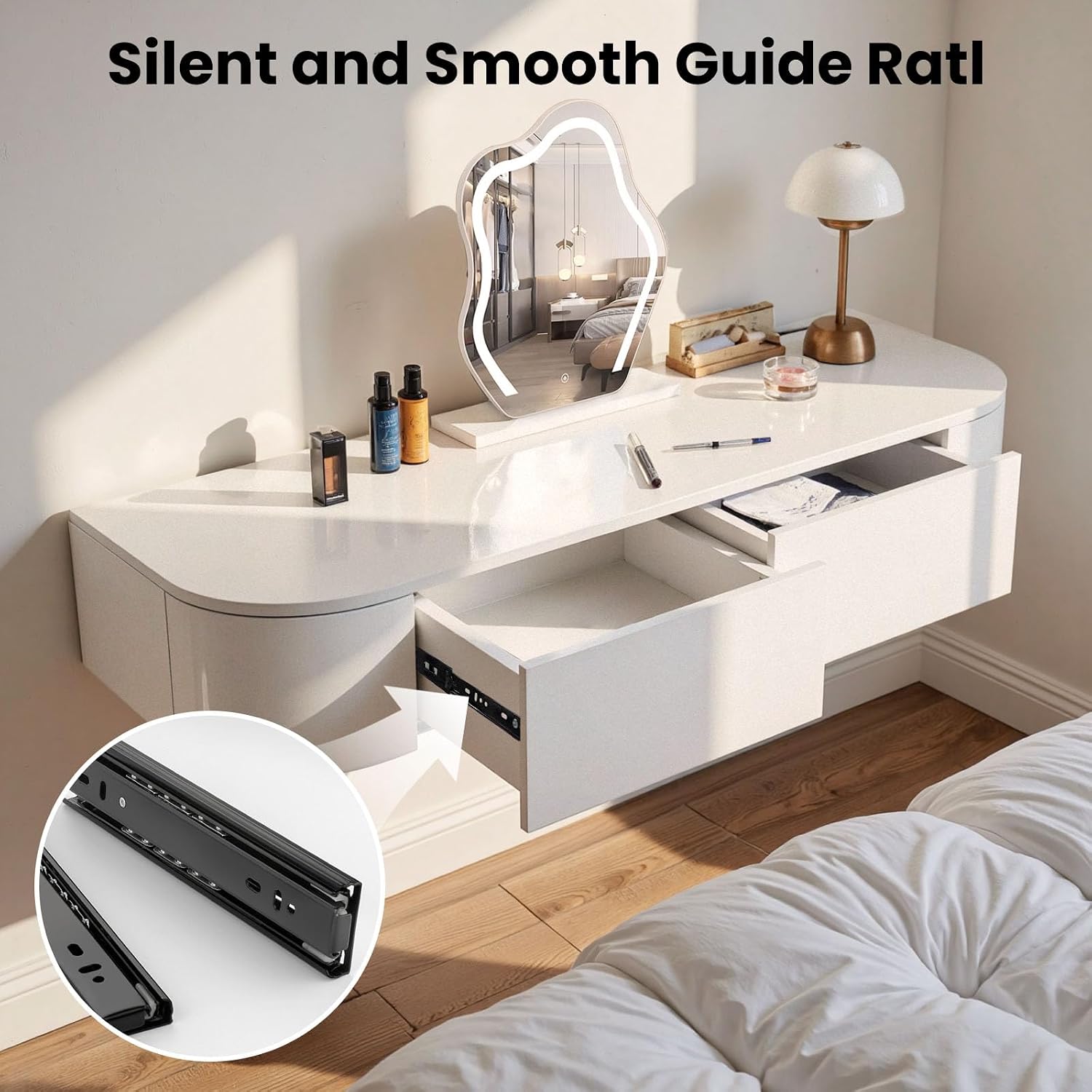 Corner Floating Desk with Drawers, Floating Vanity Makeup Table, Small Wall Mounted Floating Dressing Table Wall Storage Set, Wood Floating Shelf with Drawers, Modern White Vanity with Lighted Mirror(