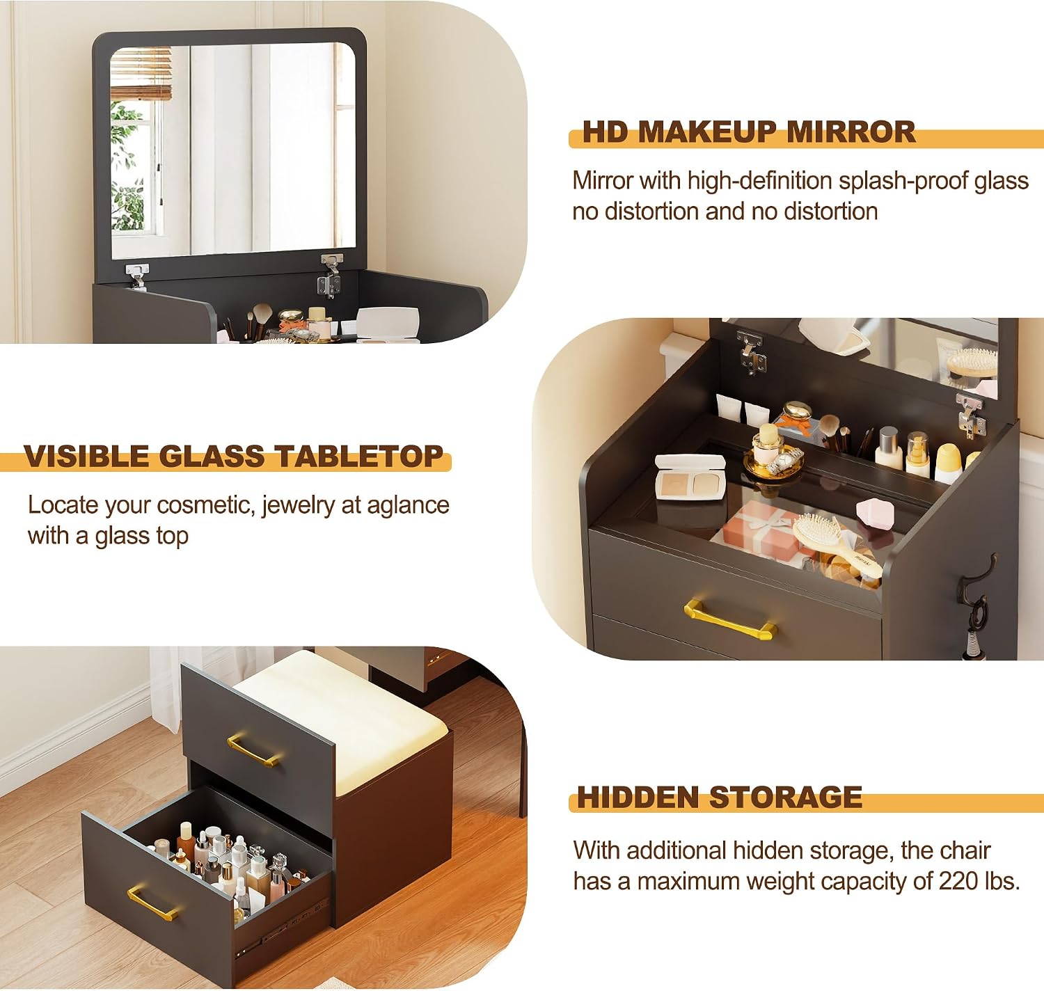 3 in 1 Make Vanity Desk with Flip Top Mirror,Glass Top Makeup Vanity Table with Cushioned Stool,Small Dressing Table with 3 Drawers,Compact Vanity Set for Apartment,Dormitory(Black)