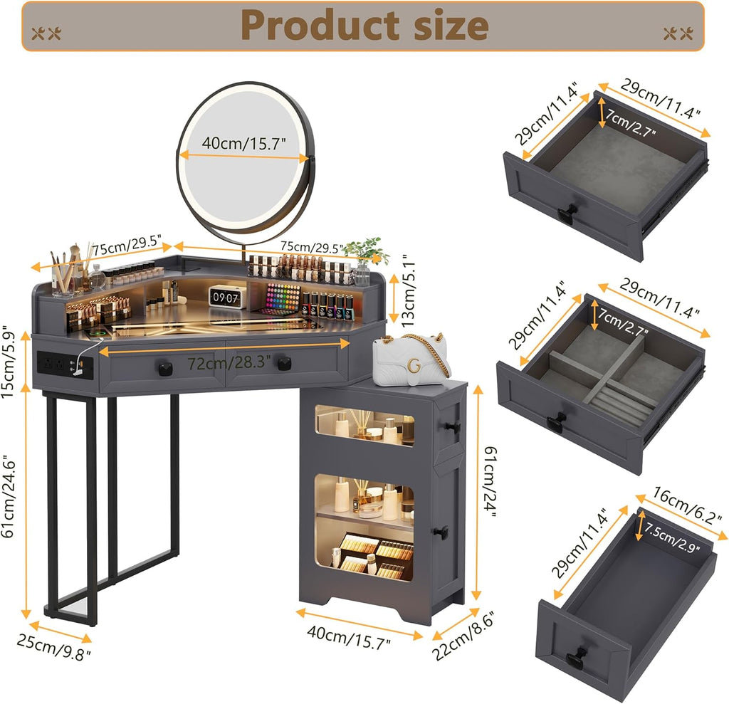FREDEES Makeup Vanity with Mirror and Lights, Corner Vanity Table with Charging Station for Bedroom/Cloakroom, Glass Top Vanity Set with Drawers and Shelves, Grey