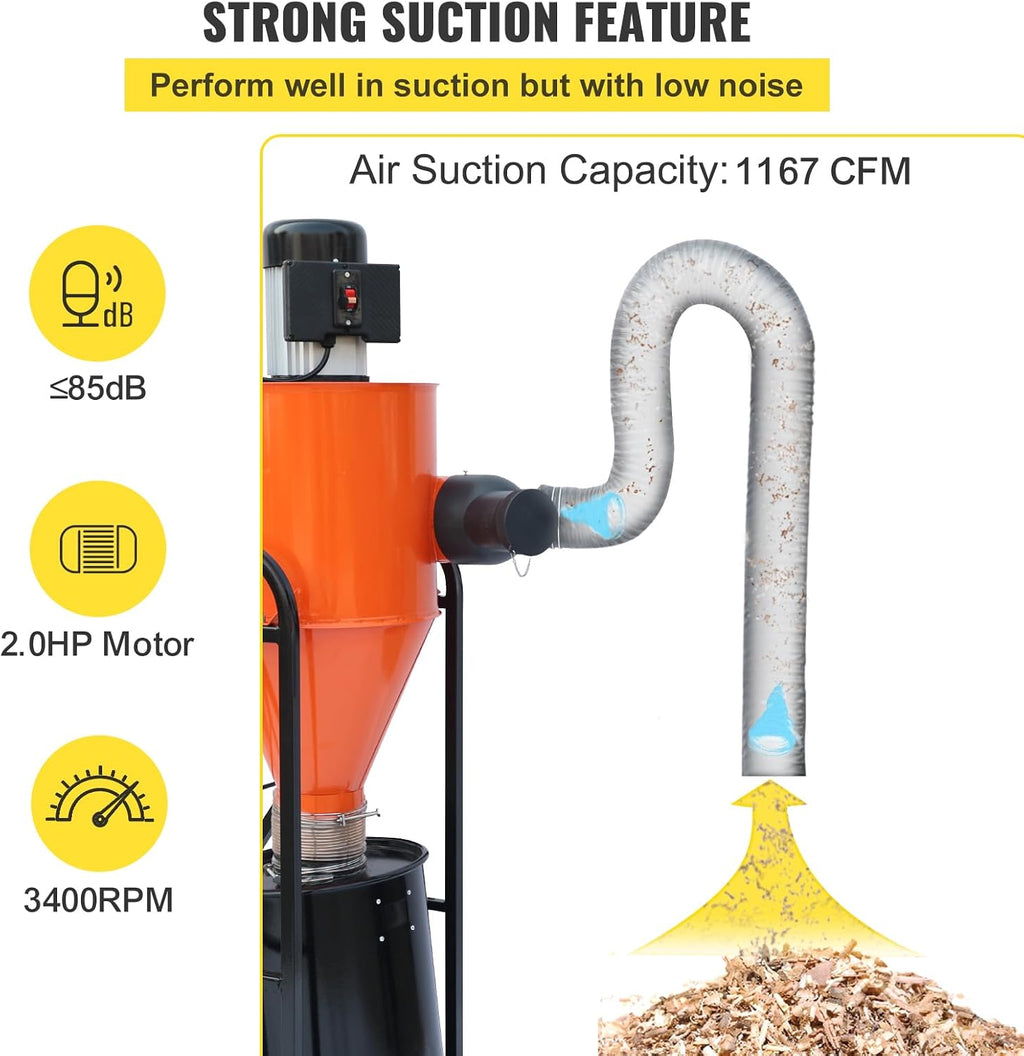 VEVOR 2 HP Dust Collector, 1167 CFM, Portable Vortex Dust Collector, with 39 Gallon Collection Bag and Mobile Base, 120V, 3400 RPM, 3μm Canister Filter Kit, for Woodworking Dust Collection System