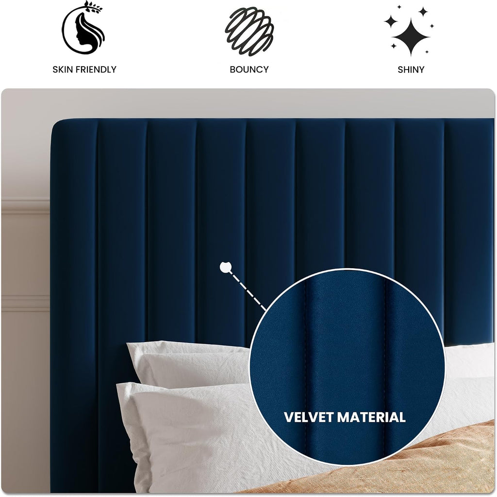 SHA CERLIN King Upholstered Platform Bed Frame with Vertical Channel Tufted Velvet Fabric Adjustable Headboard, Wooden Slats Support, Mattress Foundation, Box Spring Optional, Blue