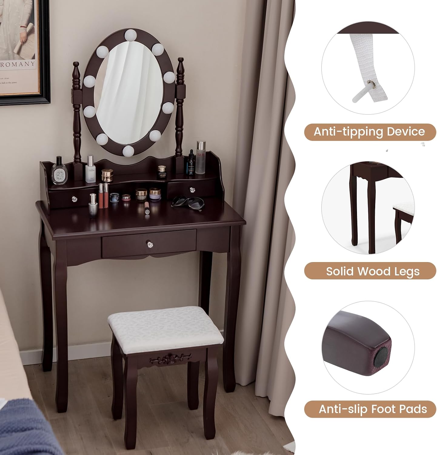 GOFLAME Vanity Table Set with Rotatable Mirror, Makeup Vanity Desk with 3-Color Dimmable LED Lights, 3 Drawers and Cushioned Stool, Dressing Table Set for Bedroom Studio (Brown)