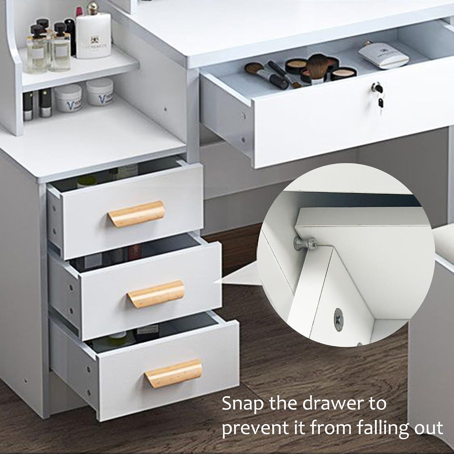 Makeup Vanity Desk with Mirror and Lights, Vanity Table Set with Storage Drawer & Chair & 3 Shelves, 3 Lighting Colors, Adjustable Brightness White Makeup Vanity with Lights (Medium)